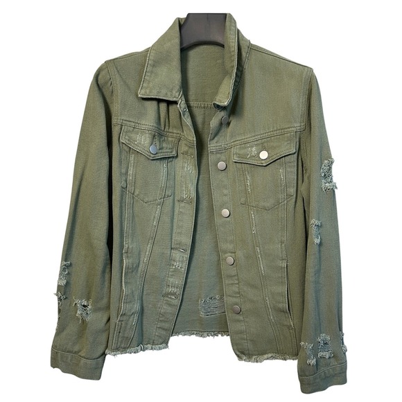 Jackets & Blazers - Olive Sage Green M Distressed Denim Trucker Jacket Frayed Hem Utility Grunge